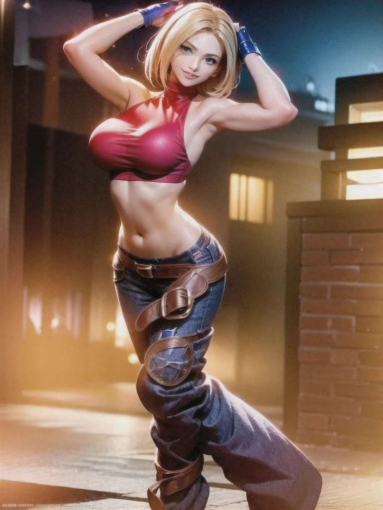 (at night), in a video game scene, a background of a beautiful city at night raining, standing at attention, red top, blue joggers, blue fingerless gloves, large brown belt hanging from her waist ((blonde hair )), 1 girl, alone, 20 years old, young woman, perfect hands, beautiful fingers, beautiful long legs, beautiful body, beautiful nose, beautiful character design, perfect face, looking at the viewer with serious gesture (focusing on her face) , closed mouth, Light_Smile, official art, extremely detailed CG unity 8k wallpaper, perfect lighting, bright and colorful front lighting, glowing skin (masterpiece: 1.0), (best_quality: 1.0), ultra high resolution, 4K, ultra photography detailed, 8K, HDR, high resolution, absurd:1.2, Kodak portra 400, film grain, blurred background, bokeh:1.2, lens flare, (vibrant_color:1.2), professional photography, (Beautiful, breasts: 1.4), ( beautiful_face: 1.5), (narrow waist),
