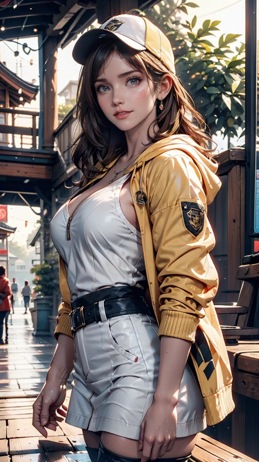Medium Shot, Medium Shot, Depth of written boundary, bust, Upper Body, Movie angle, masterpiece, Highest quality, Very detailed, CG, 8k wallpaper, Pretty face, Delicate eyes, country々, alone, Long white hair, Yellow Eyes, hairpin, White shirt, black hooded jacket, Black baseball cap, Black Stockings, Black knee-high boots, sunset, 中世のport, port, Detailed water surface, Sun reflection、24-year-old woman、Sexy proportionature female body、Sexy proportionakeup、Lips with red lipstick、Textured skin((textured skin))、smile、Narrow waist