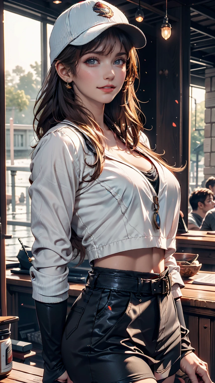 Medium Shot, Medium Shot, Depth of written boundary, bust, Upper Body, Movie angle, masterpiece, Highest quality, Very detailed, CG, 8k wallpaper, Pretty face, Delicate eyes, country々, alone, Long white hair, Yellow Eyes, hairpin, White shirt, black hooded jacket, Black baseball cap, Black Stockings, Black knee-high boots, sunset, 中世のport, port, Detailed water surface, Sun reflection、24-year-old woman、Sexy proportionature female body、Sexy proportionakeup、Lips with red lipstick、Textured skin((textured skin))、smile、Narrow waist