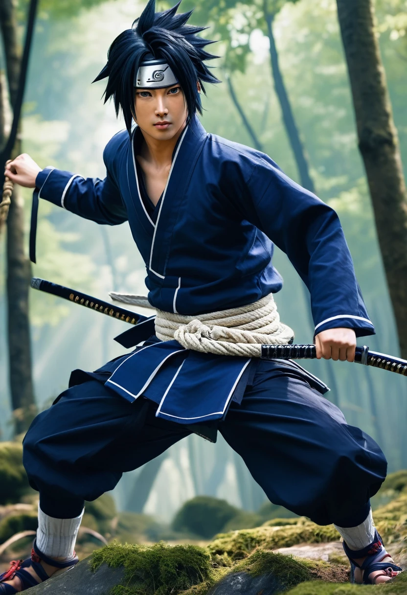 Sasuke Uchiha dressed in his traditional outfit, detailed facial features, expressive eyes and lips, strong and confident expression, black spiky hair, wearing his dark blue high-collared shirt and white arm warmers, a rope belt around his waist, sandals, Konoha headband with a slash through it, dynamic action pose, running in a forest, leaping across tree branches, katana in hand, energetic atmosphere, comic book style, cell shading effect, vibrant colors, contrasting dark blue and white tones, dramatic lighting (best quality, highres), emphasis on shadows and highlights, crisp details and textures, HD rendering, perfectly rendered muscles and clothing, meticulously drawn facial expressions.