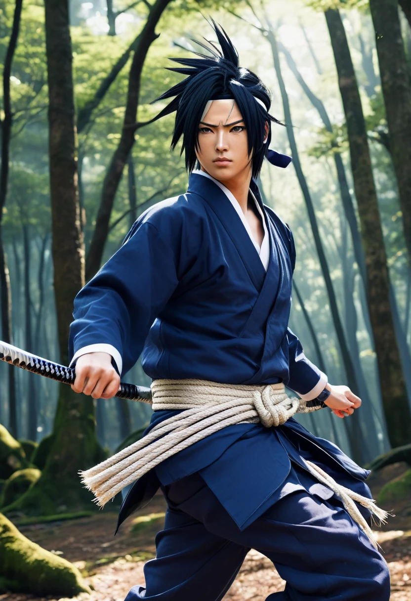 Sasuke Uchiha dressed in his traditional outfit, detailed facial features, expressive eyes and lips, strong and confident expression, black spiky hair, wearing his dark blue high-collared shirt and white arm warmers, a rope belt around his waist, sandals, Konoha headband with a slash through it, dynamic action pose, running in a forest, leaping across tree branches, katana in hand, energetic atmosphere, comic book style, cell shading effect, vibrant colors, contrasting dark blue and white tones, dramatic lighting (best quality, highres), emphasis on shadows and highlights, crisp details and textures, HD rendering, perfectly rendered muscles and clothing, meticulously drawn facial expressions.