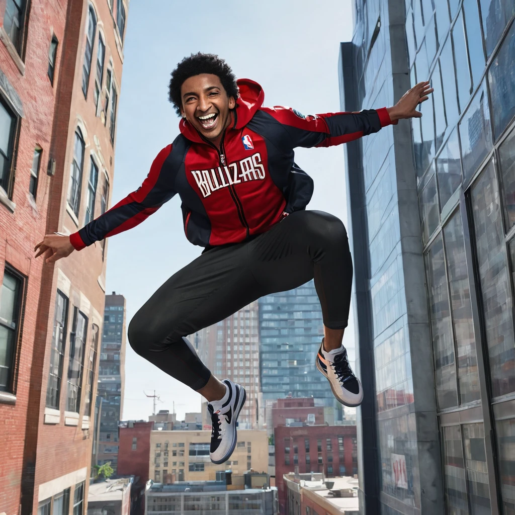 Miles Morales with a smug smile as he jumps off a building, wearing an nba jersey and his usual jacket and shorts.Black Hair, Smile, Teeth, Grin, From Behind, High Resolution, Looking at viewer,