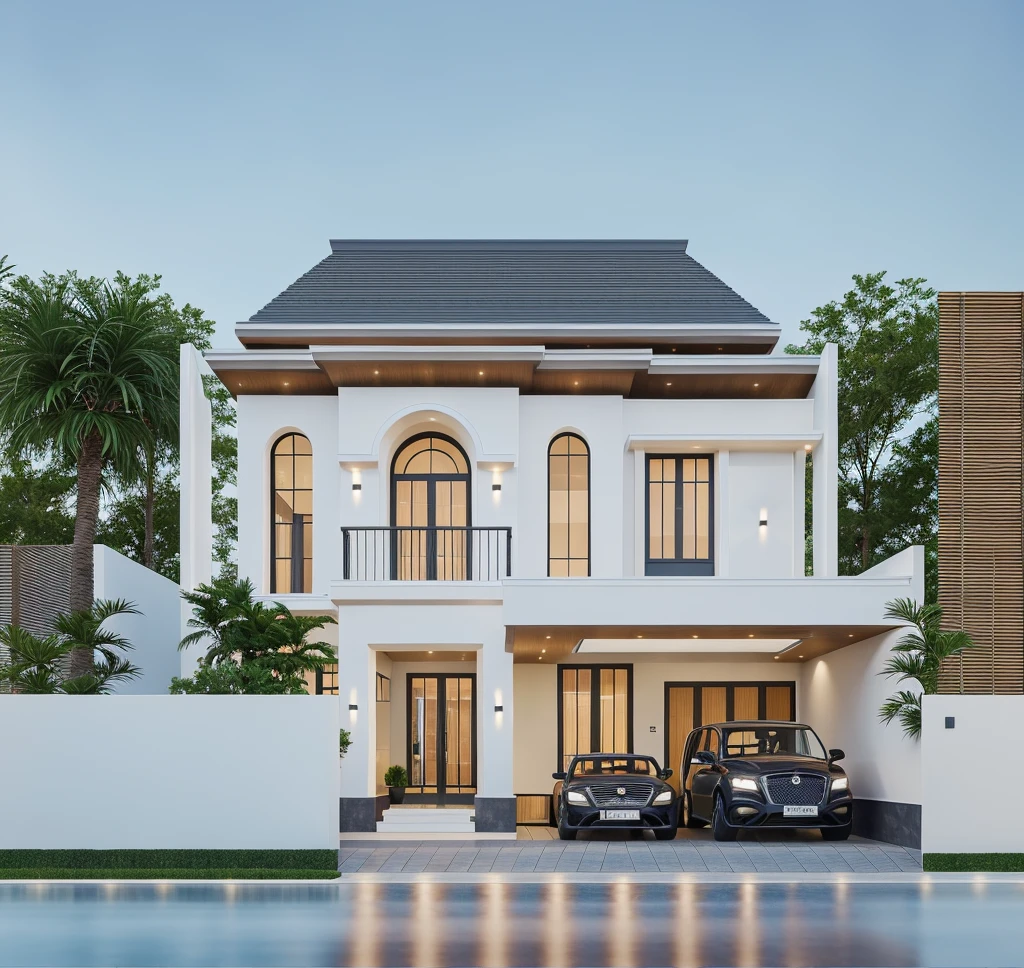 PLATFORM KTHOUSE, 1 morden villa,1large yard, 1 road runs in front of the house, (RAW photo, real, best quality, masterpiece:1.2), look morden minimalist, 1 road in front of the house, dynamic lighting:1.3, (hyper realistic, photo-realistic:1.2), high quality, (dark lighting:1.2), perfect lighting, archdaily, no human, light at 12 noon, light in door:1.2