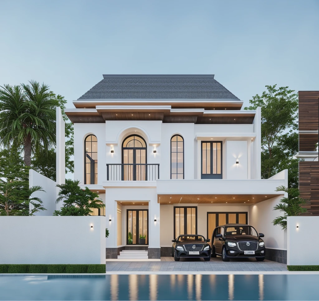 PLATFORM KTHOUSE, 1 morden villa,1large yard, 1 road runs in front of the house, (RAW photo, real, best quality, masterpiece:1.2), look morden minimalist, 1 road in front of the house, dynamic lighting:1.3, (hyper realistic, photo-realistic:1.2), high quality, (dark lighting:1.2), perfect lighting, archdaily, no human, light at 12 noon, light in door:1.2