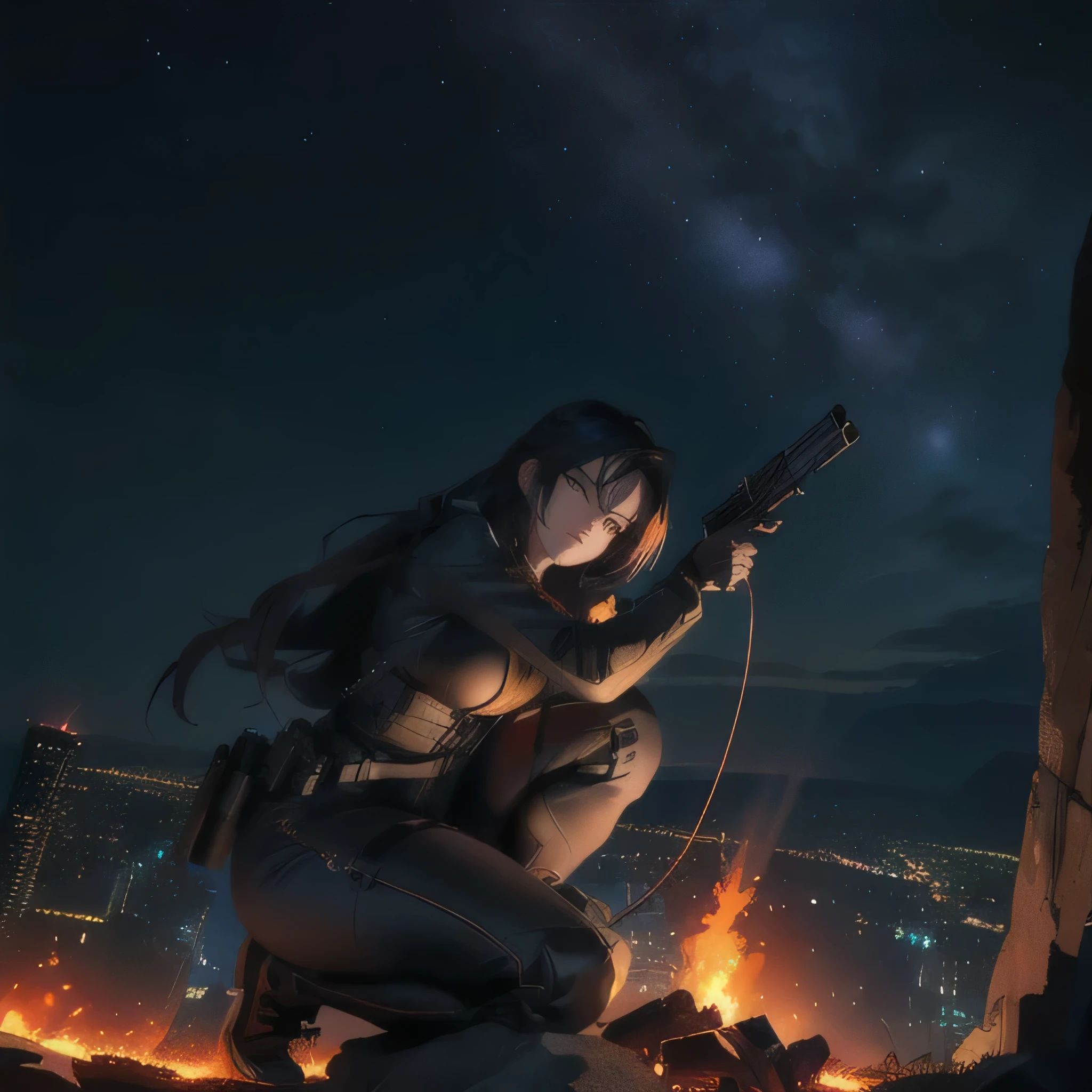 a woman with a gun is sitting on the fire, on a cliff, character is in his natural pose, surrounding the city, kneeling and looking up, highly detailed giantess photo, cables on her body, hot fire giantess, desperate pose, over a cliff, body shot of cinematic goddess, badass pose, fun pose, lit from below, nt pose