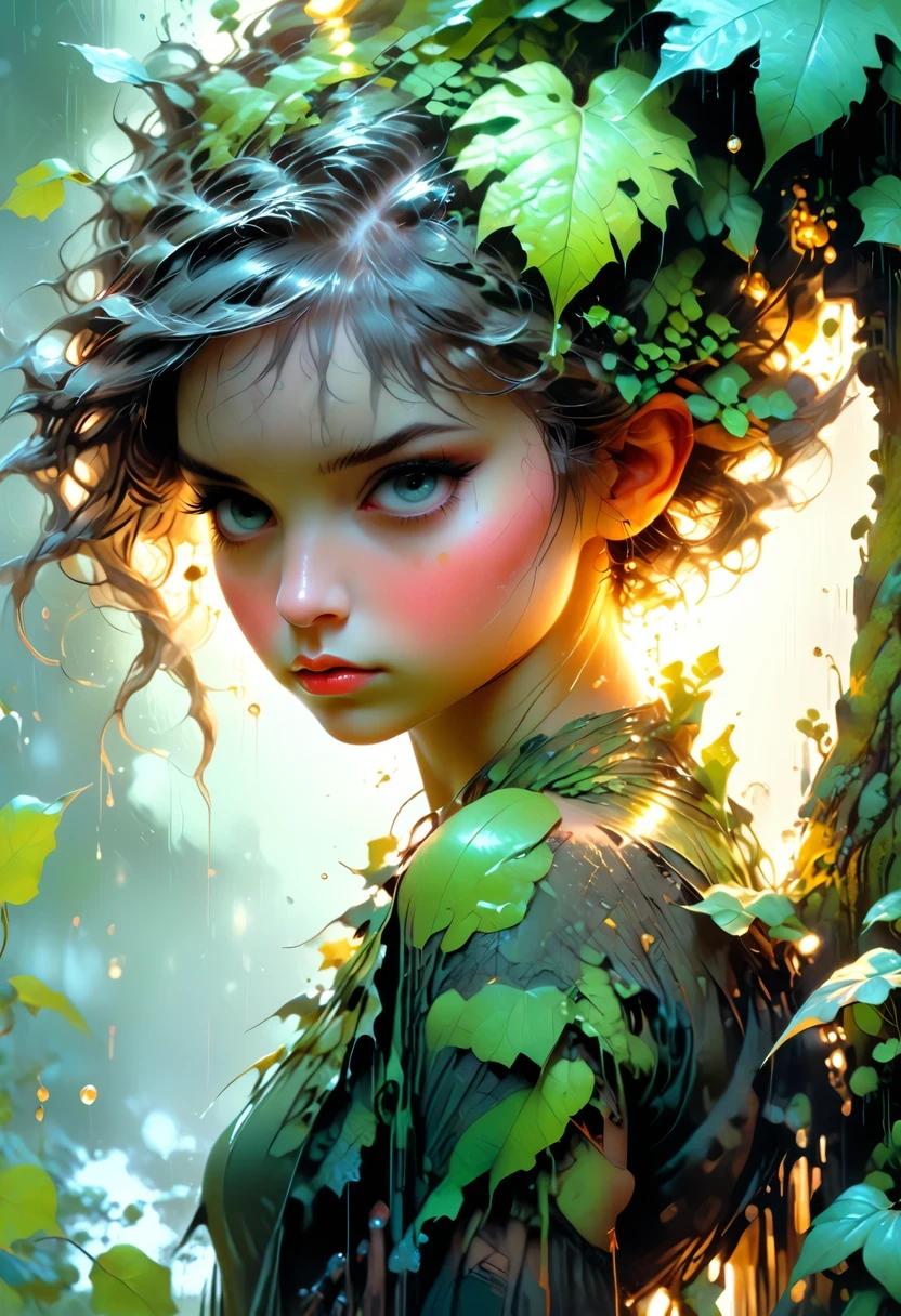 a pixie girl on a leaf in the rain the forest and the world of adventure, photo realism, 8k resolution, garden, trending on artstation, 4k, intricate details, highly detailed, pencil drawing, sketching, unreal engine, greg rutkowski, loish, rhads, beeple, makoto shinkai and lois van baarle, ilya kuvshinov, rossdraws, tom bagshaw, alphonse mucha, oil painting, heavy strokes, paint dripping, oil painting, heavy strokes, paint dripping