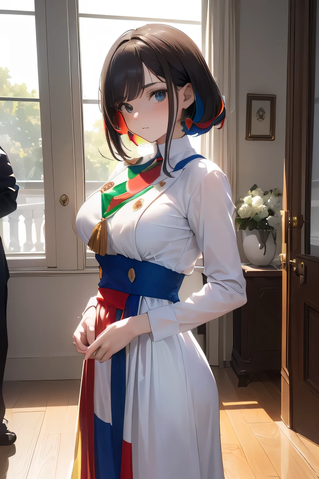(((Costume inspired by the Italian flag:1.3))),(((Woman in men's clothing:1.3))),(Italian tricolour),(masterpiece,Highest quality,Ultra-high resolution output images,Write boundary depth,Intricate details,Adding dimension to your subject with the contrast of light and shadow,Anatomically correct facial structure),(Picture Mode Ultra HD,)