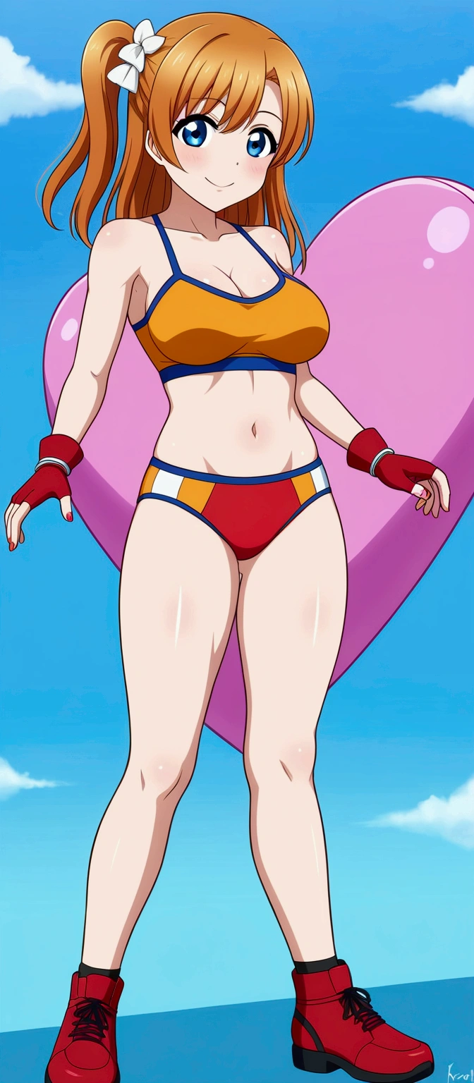 (Masterpiece, Best Quality, High Quality), professional artwork, well drawn, Intricate Details,solo,
Kousaka honoka, blue eyes, orange hair, red crop top, red sports underwear ,red fingerless gloves,red shoes