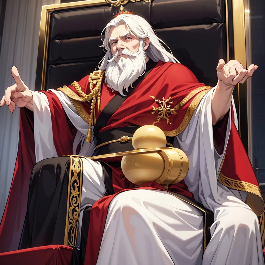 A 40 year old king, he is sitting on a throne in a red and white elegant castle, He has white hair and ruby eyes., He has a well-groomed beard and a wise, rugged face., He wears the clothes of a noble king with esoteric beliefs, black and white clothes and a red cape.
anime style illustration, HD, 4k , detailed and well done
