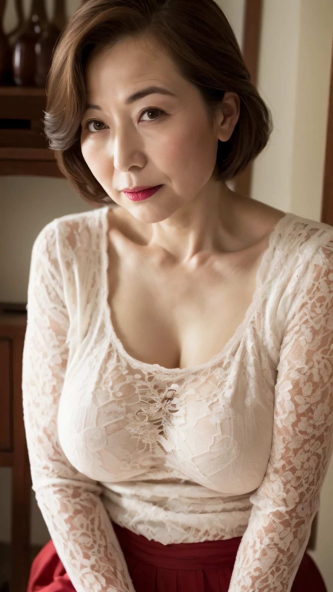 granny, Mature Woman, 120 years old, Japanese painting, senior citizen, Eyes meet, Draw lips correctly, Red lipstick, Unbalanced large breasts, Abnormally large breasts, Super big breasts, 16K, Highest quality, Very detailed, Erotic, Very detailed肌, (Japanese), alone, Huge breasts, Mature Madam, Glamour, sexy, Chromo White Skin, Staring straight ahead,