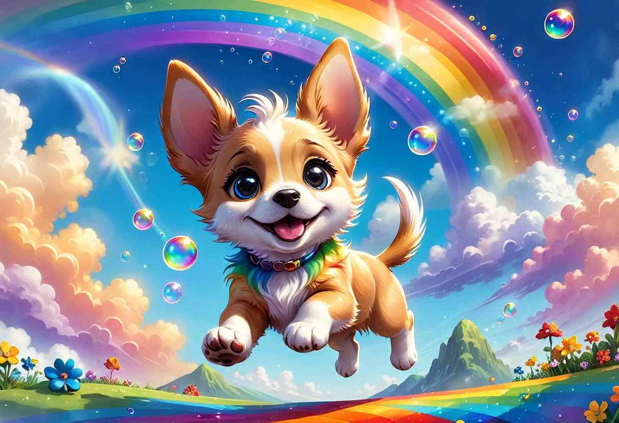 Fantasy illustrations，Cartoon animation，Puppy leaping over a rainbow，big ear，Star，Colorful Clouds，Fluffy Rainbow，Bubbles，Beautiful and dreamy