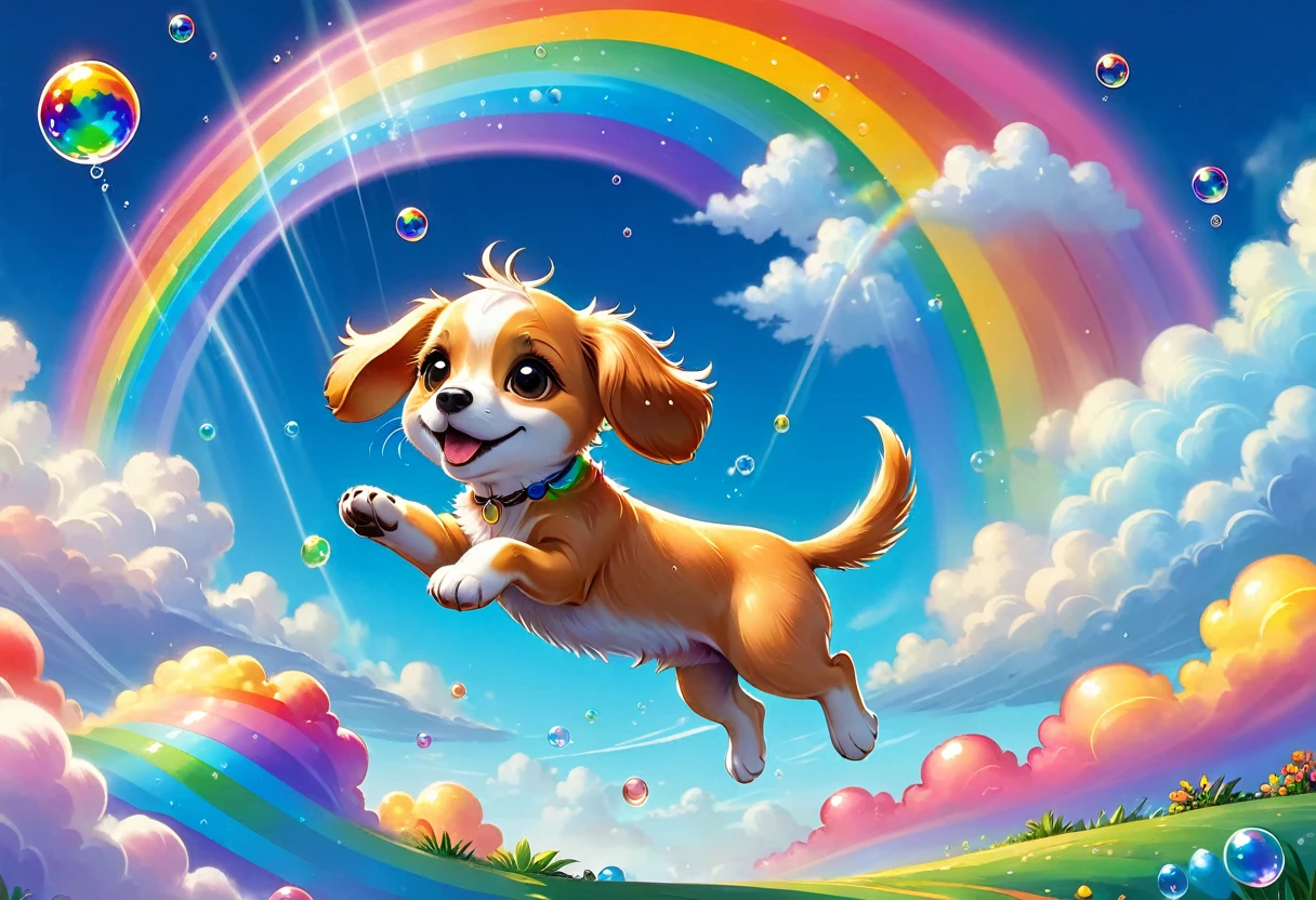 Fantasy illustrations，Cartoon animation，Puppy leaping over a rainbow，big ear，Star，Colorful Clouds，Fluffy Rainbow，Bubbles，Beautiful and dreamy