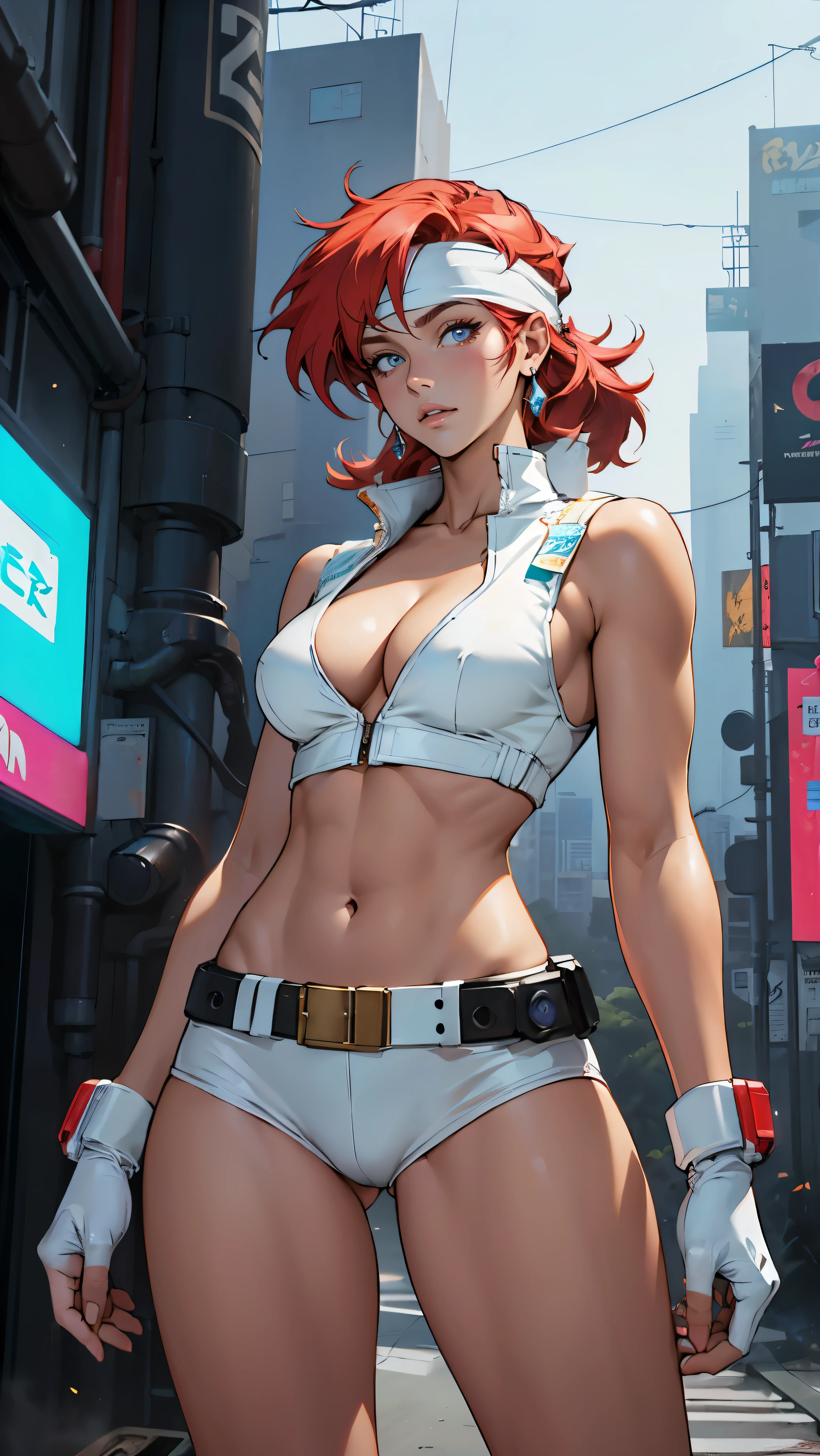 ((Masterpiece, highest quality; 1.3)), super quality, beautiful detail, super detailed, extra fine, 16K, exquisite, absurd, high resolution, beautiful background, detailed background, beautiful eyes, beautiful skin, anime style, Kay from Dirty Pair in a white outfit, tight outfit, cleavage, bushy redhead beauty, very light blue uniform, wearing tight clothes, skimpy, (mid chest: 1.2), cleavage, cleavage, slim waist , thin waist, slim thighs, thin legs, slim legs. thigh gap, showing stomach, skinny, thin hips, cyberpunk city background, holding retro space gun , headband, 