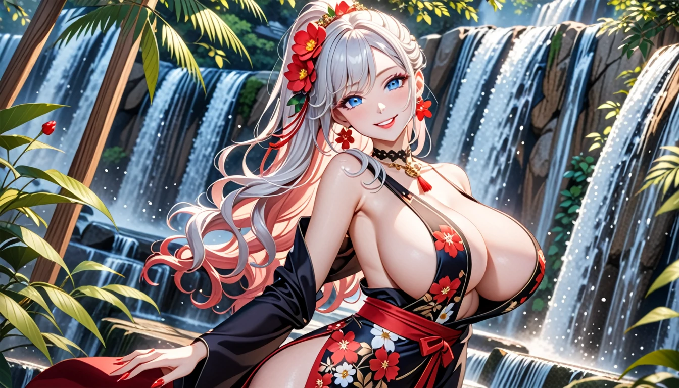 ultra-detailed, ((one girl)), ((portrait)), (pale skin:1.4), in pastel colors gyaru, (heavy makeup), (professional lighting) hyper detailed, absurdres, 8k, Beautiful Face, (Laugh shyly), ((teasing smile:1.5)), ((happy smile:1.1)), ((Wink:1.5)), (Laugh with your mouth wide open),((Tilt your face:1.6)), View your viewers, ((Bright red cheeks:1.6)),Glossy Red Lips, ((huge breasts:1.6)), (undressing), noon,summer, Forest waterfall, ((Anime style background)),masterpiece, Highest quality, (Brighten your face), so beautiful,Latest, Complex details, (Pink long nails), (nail art), (ring),(bracelet), (Floral Choker),AI-generated, Complex,High resolution, Highest quality, super high quality,3D Images、3D Images,One person,(Snow White hair), (highlights hair,Milky White streaked hair)), Long Hair,(High Ponytail), (wavy hair:1.3), Anime woman in black kimono posing for a photo, ((Fine grain、blue eyes、glowing eyes:1.4)), (Squint your eyes:1.1),a hyperRealistic , hyperRealistic , Realistic, Smooth anime CG art, A girl in a gorgeous black kimono, ((black furisode:1.2)), (Gold embroidery), (Large red floral pattern), (sideboob), Long flower hair ornament,Floral Earrings, Mature Body, tall,Narrow waist, front view, ((dutch angle)),