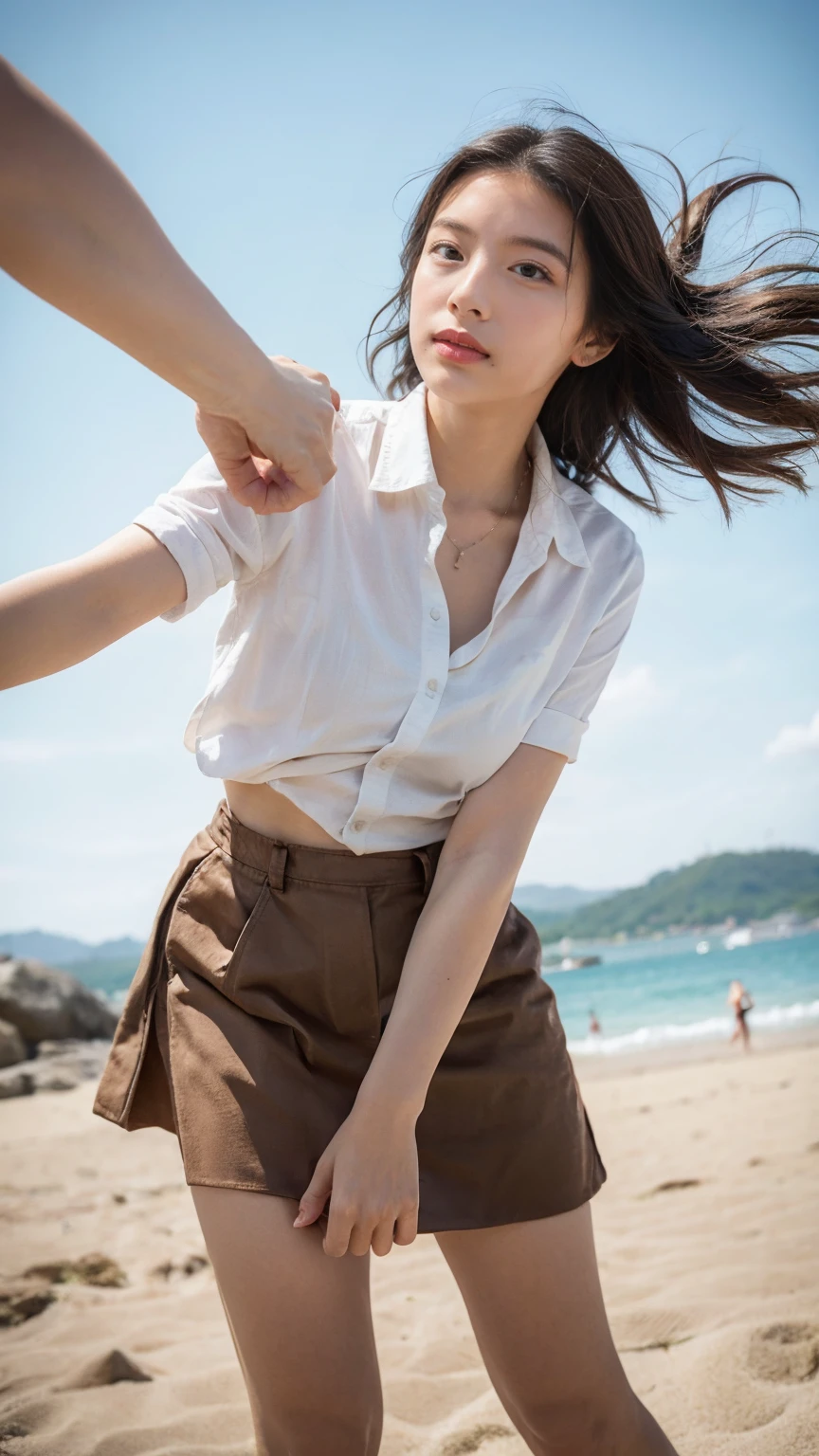 (((Low angle shooting、Looking into the camera:1.22,Leaning forward、Open shirt、No underwear)))、(((8k、Highest quality、masterpiece、Ultra-high resolution)))、(Realistic:1.4)、RAW Photos、(Realistic skin texture:1.3)、(Film Grain:1.3)、((Are standing、Skirt flutters in strong winds、Under the skirt、Do not bend your legs、Don&#39;don&#39;t bend your knees、Spread your thighs、Beachside、))、One Girl、Beautiful and detailed eyes and face、masterpiece、Highest quality、close、thin、Japanese Uniform、dynamic、barefoot、Various poses、