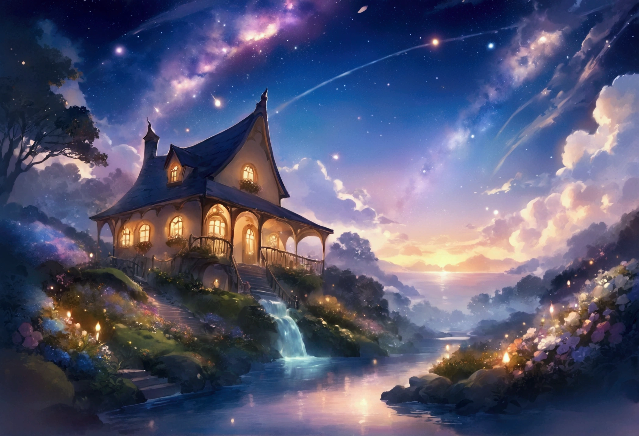 Fantastic landscape, A whimsical island floating in the sky々, Lush garden, Fantastic gravity-defying architecture, Flowers and miniature house, Creates a harmonious and dreamy atmosphere. The sky is filled with fluffy, dramatic clouds and fascinating galaxies.、Adds a magical touch to the scene。. Waterfall cascading down from the island. Surrealism and whimsical fantasy, Soft ambient lighting brings out the fine details. cute, pastel colour, Orange, at night, Sharp lines, clear, Highest quality,