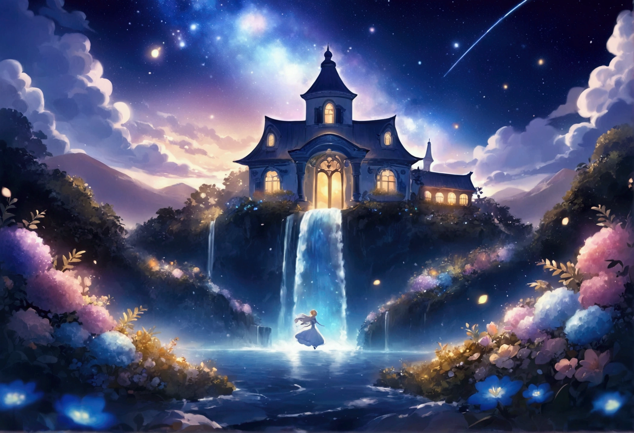 Fantastic landscape, A whimsical island floating in the sky々, Lush garden, Fantastic gravity-defying architecture, Flowers and miniature house, Creates a harmonious and dreamy atmosphere. The sky is filled with fluffy, dramatic clouds and fascinating galaxies.、Adds a magical touch to the scene。. Waterfall cascading down from the island. Surrealism and whimsical fantasy, Soft ambient lighting brings out the fine details. cute, pastel colour, Orange, at night, Sharp lines, clear, Highest quality,