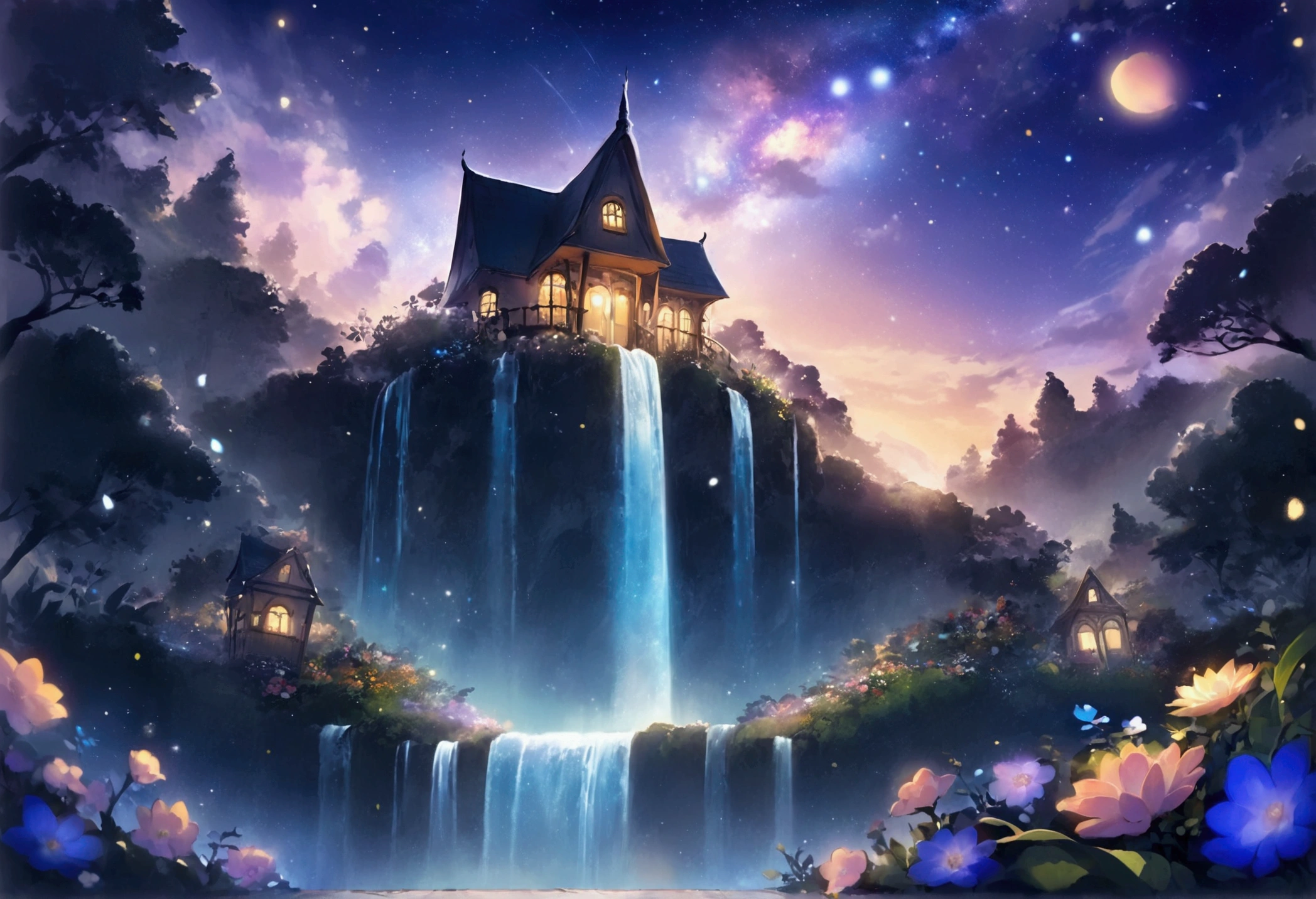 Fantastic landscape, A whimsical island floating in the sky々, Lush garden, Fantastic gravity-defying architecture, Flowers and miniature house, Creates a harmonious and dreamy atmosphere. The sky is filled with fluffy, dramatic clouds and fascinating galaxies.、Adds a magical touch to the scene。. Waterfall cascading down from the island. Surrealism and whimsical fantasy, Soft ambient lighting brings out the fine details. cute, pastel colour, Orange, at night, Sharp lines, clear, Highest quality,