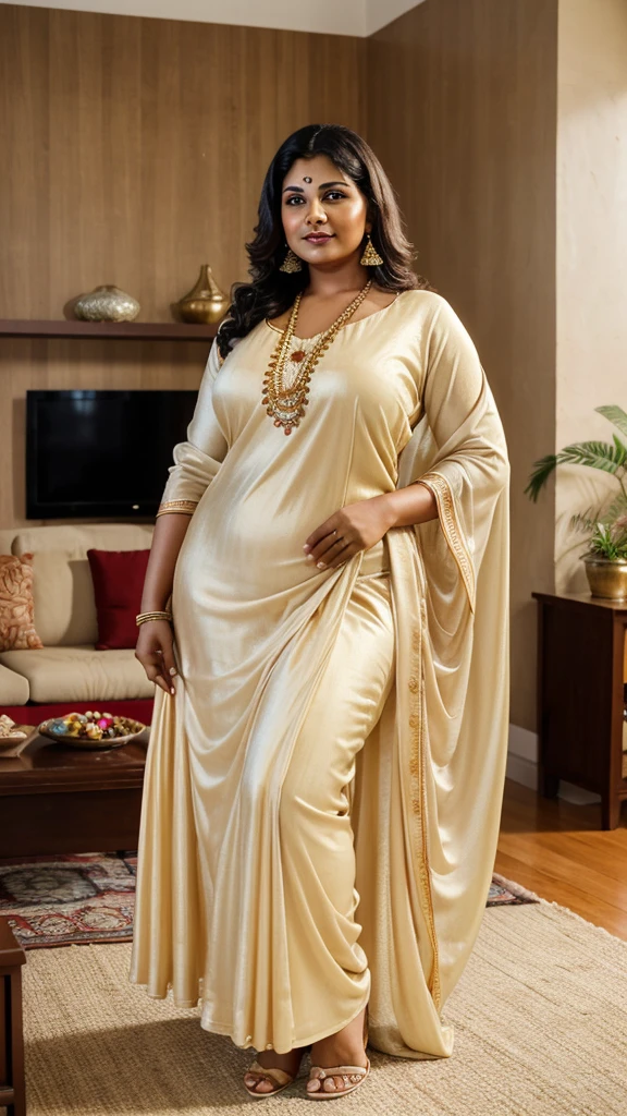 35mm film photography, A middle-aged, full-figured South Indian aunty with a serene expression wearing a, cream-colored silky burkha, standing in a living room surrounded by a group of middle-aged South Indian men, captured in a full-body image with vivid colors and intricate craftsmanship., high detail, pastel, soft tones, full body image 