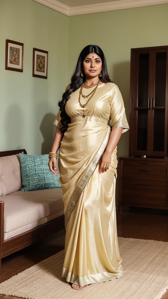 35mm film photography, A middle-aged, full-figured South Indian aunty with a serene expression wearing a, cream-colored silky burkha, standing in a living room surrounded by a group of middle-aged South Indian men, captured in a full-body image with vivid colors and intricate craftsmanship., high detail, pastel, soft tones, full body image