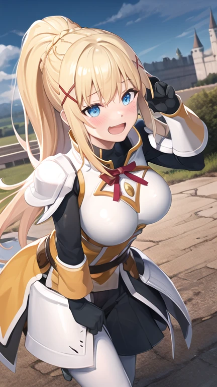 best quality, highres, 1girl, long hair, blonde hair, x hair ornament, armor, blue eyes, ponytail, hair ornament, gloves, shoulder armor, braid, black gloves, pauldrons, white boots, darkness \(konosuba\), large breasts, cowboy shot, castle, outdoors, (excited:1.2), blush, open mouth,