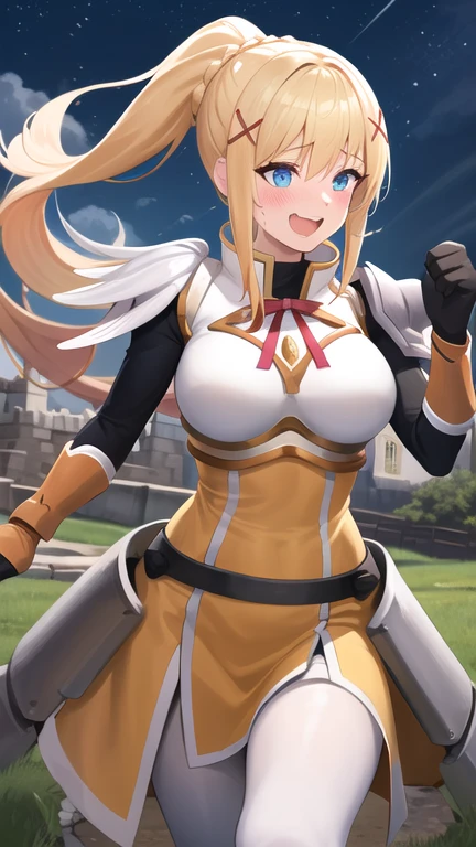 A woman wearing tight black clothing, white armor with orange details, blonde hair, ponytail hair, blue eyes, smiling, holding a medieval sword, walking in a fantasy forest, full body, stereogram, tachi-e, point of view, atmospheric perspective, 8k, super detail, accurate, best quality, award-winning, textured skin, high resolution, anatomically correct, bokeh effect, ((woman solo)