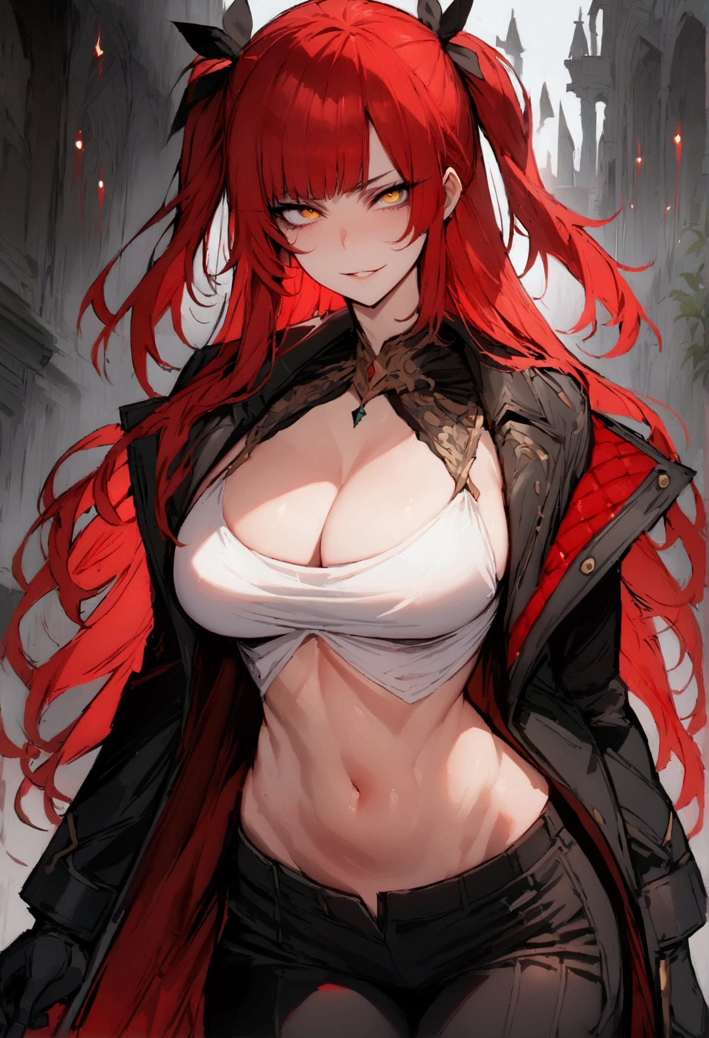 masterpiece, best quality 1girl, solo, beautiful woman, messy bangs, red hair, long hair, hair two side up by black bows , yellow eyes, grin, large breasts, toned stomach, white tank top, black coat, figureless black gloves, black pants, fantasy  looking at viewer