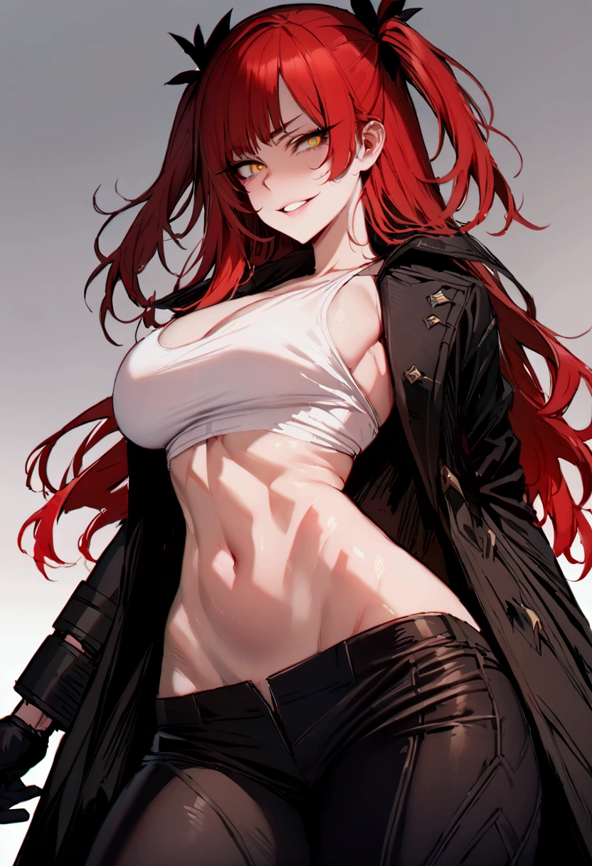 masterpiece, best quality 1girl, solo, beautiful woman, messy bangs, red hair, long hair, hair two side up by black bows , yellow eyes, grin, large breasts, toned stomach, white tank top, black coat, figureless black gloves, black pants, fantasy looking at viewer