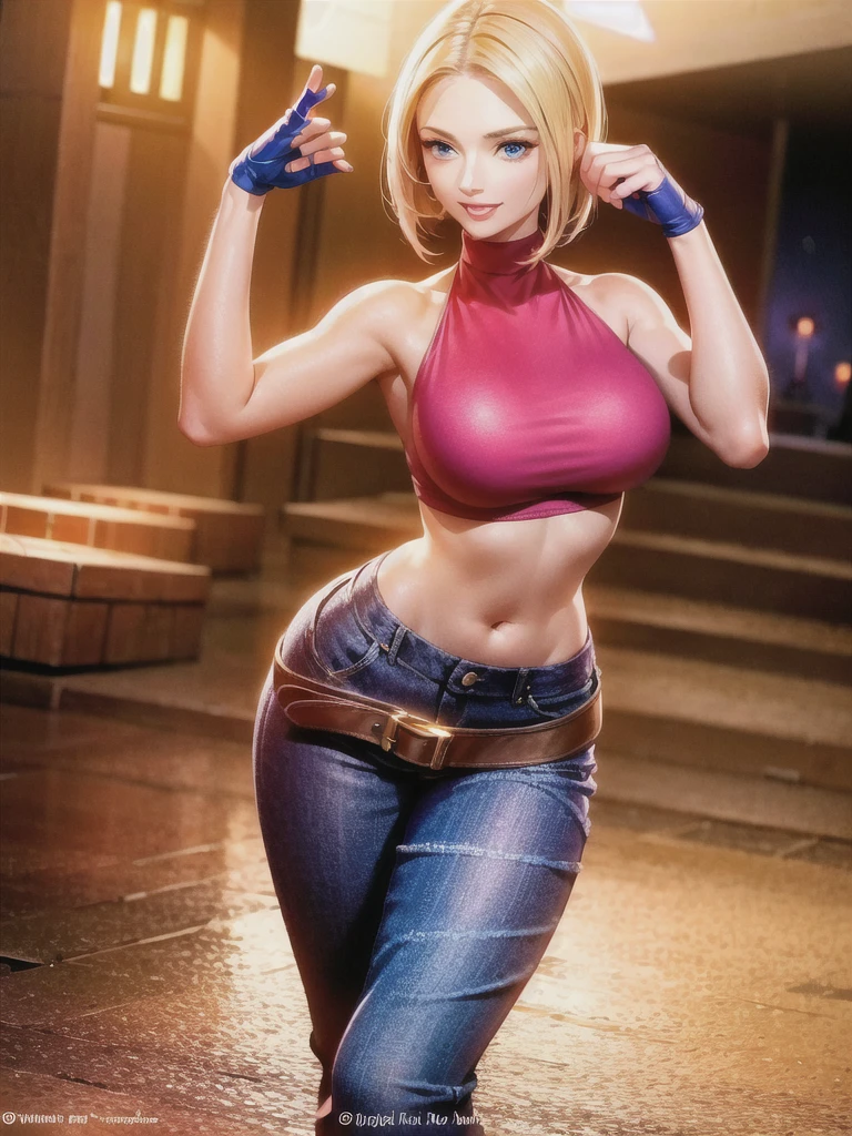 (at night), in a video game scene, a background of a beautiful city at night raining, standing at attention, red top, blue joggers, blue fingerless gloves, large brown belt hanging from her waist ((blonde hair )), 1 girl, alone, 20 years old, young woman, perfect hands, beautiful fingers, beautiful long legs, beautiful body, beautiful nose, beautiful character design, perfect face, looking at the viewer with serious gesture (focusing on her face) , closed mouth, Light_Smile, official art, extremely detailed CG unity 8k wallpaper, perfect lighting, bright and colorful front lighting, glowing skin (masterpiece: 1.0), (best_quality: 1.0), ultra high resolution, 4K, ultra photography detailed, 8K, HDR, high resolution, absurd:1.2, Kodak portra 400, film grain, blurred background, bokeh:1.2, lens flare, (vibrant_color:1.2), professional photography, (Beautiful, breasts: 1.4), ( beautiful_face: 1.5), (narrow waist),
