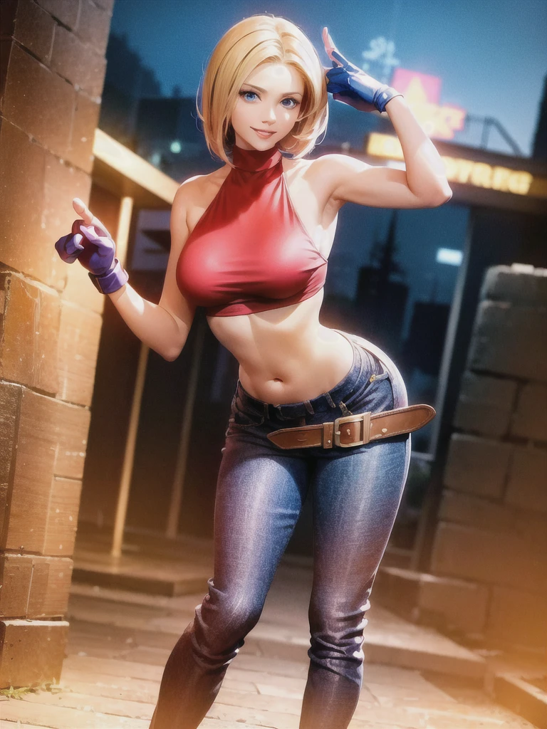 (at night), in a video game scene, a background of a beautiful city at night raining, standing at attention, red top, blue joggers, blue fingerless gloves, large brown belt hanging from her waist ((blonde hair )), 1 girl, alone, 20 years old, young woman, perfect hands, beautiful fingers, beautiful long legs, beautiful body, beautiful nose, beautiful character design, perfect face, looking at the viewer with serious gesture (focusing on her face) , closed mouth, Light_Smile, official art, extremely detailed CG unity 8k wallpaper, perfect lighting, bright and colorful front lighting, glowing skin (masterpiece: 1.0), (best_quality: 1.0), ultra high resolution, 4K, ultra photography detailed, 8K, HDR, high resolution, absurd:1.2, Kodak portra 400, film grain, blurred background, bokeh:1.2, lens flare, (vibrant_color:1.2), professional photography, (Beautiful, breasts: 1.4), ( beautiful_face: 1.5), (narrow waist),
