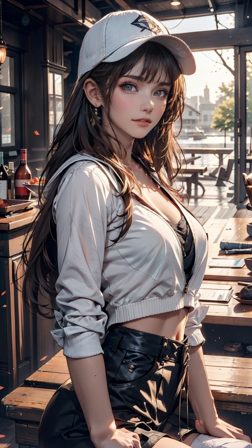 Medium Shot, Medium Shot, Depth of written boundary, bust, Upper Body, Movie angle, masterpiece, Highest quality, Very detailed, CG, 8k wallpaper, Pretty face, Delicate eyes, country々, alone, Long white hair, Yellow Eyes, hairpin, White shirt, black hooded jacket, Black baseball cap, Black Stockings, Black knee-high boots, sunset, 中世のport, port, Detailed water surface, Sun reflection、24-year-old woman、Sexy proportionature female body、Sexy proportionakeup、Lips with red lipstick、Textured skin((textured skin))、smile、Narrow waist