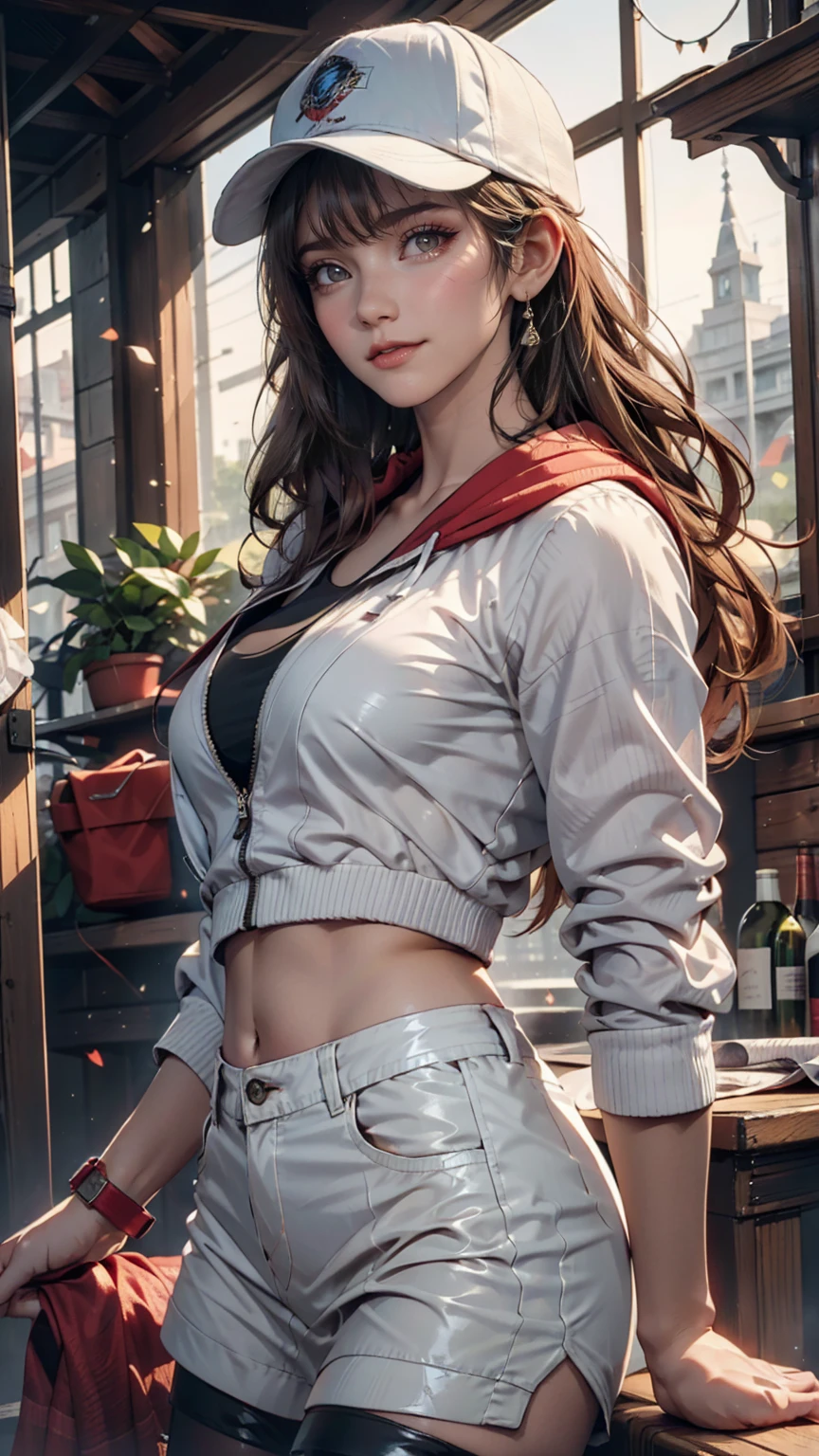 Medium Shot, Medium Shot, Depth of written boundary, bust, Upper Body, Movie angle, masterpiece, Highest quality, Very detailed, CG, 8k wallpaper, Pretty face, Delicate eyes, country々, alone, Long white hair, Yellow Eyes, hairpin, White shirt, black hooded jacket, Black baseball cap, Black Stockings, Black knee-high boots, sunset, 中世のport, port, Detailed water surface, Sun reflection、24-year-old woman、Sexy proportionature female body、Sexy proportionakeup、Lips with red lipstick、Textured skin((textured skin))、smile、Narrow waist