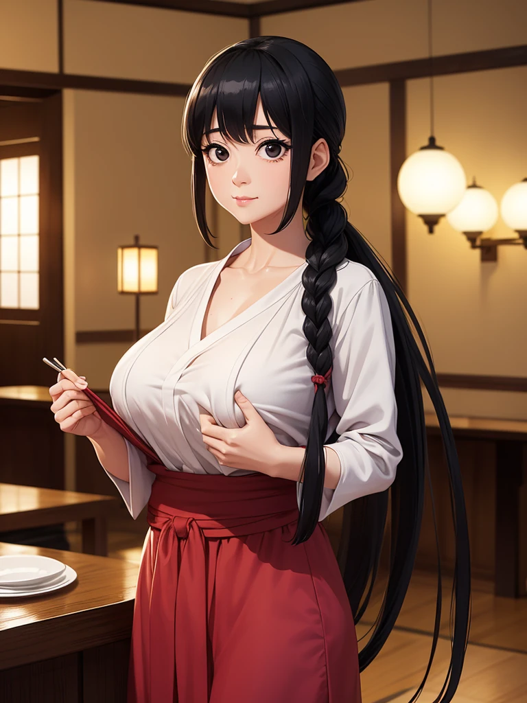 1 middle-aged woman,dimly lit waitress,Posing,Cute,upward-eyed,Long hair,Ponytail,large Braided hair,Black hair,Black eyes,from the front side,Indoors,masuterpiece, extremely fine and beautiful,Japanese,(huge chest:1.3),Junji Ito's painting, huge tits, nude