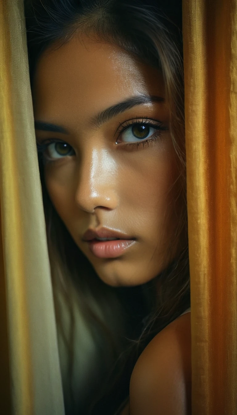 RAW photo, filipino, beautiful eyes, masterpiece, peeking from behind curtains, colorful details, award winning, high detailed, 8k, natural lighting, analog film, detailed skin, amazing composition, intricate details, subsurface scattering, velus hairs, amazing textures, filmic, chiaroscuro, soft light