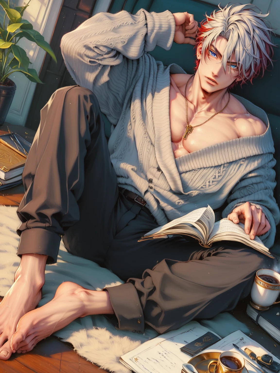 1boy, adult, handsome, perfect face, detailed eyes and face, clean shaved, muscular, capturing a rural atmosphere, dynamic lighting, unreal engine 5, hd picture, satoru gojo, white hair, short hair ,hair between eyes ,blue eyes, Right hand holds a coffee cup, left hand holding a book