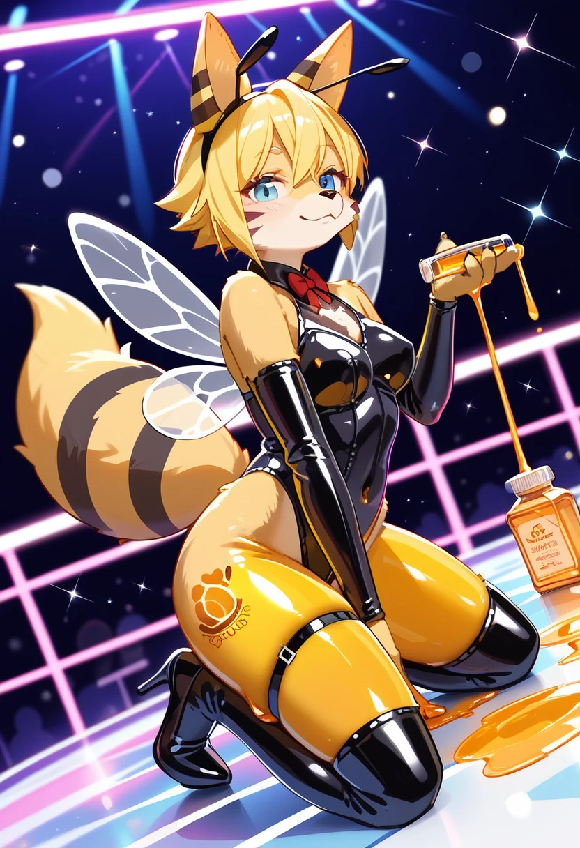 Highest quality, Highest quality, High quality illustrations, masterpiece, Ultra-high resolution, Detailed Background, club, Disco, Absurd, Perfect Anatomy, performance, Good lighting, Shadows in the movies(kemono, Furry Personifi猫ion), fox, Rubber Suit, Honey Latex, Honey lotion, neon, neonカラー, cyber punk, Bee costume, Bee Cosplay, Rubber bee tail, Bee Wings, enamel, Honey Pool, Honey lotionを浴びている, Covered in honey slime, Kneeling, Tattoo, High heels, Dynamic Angle