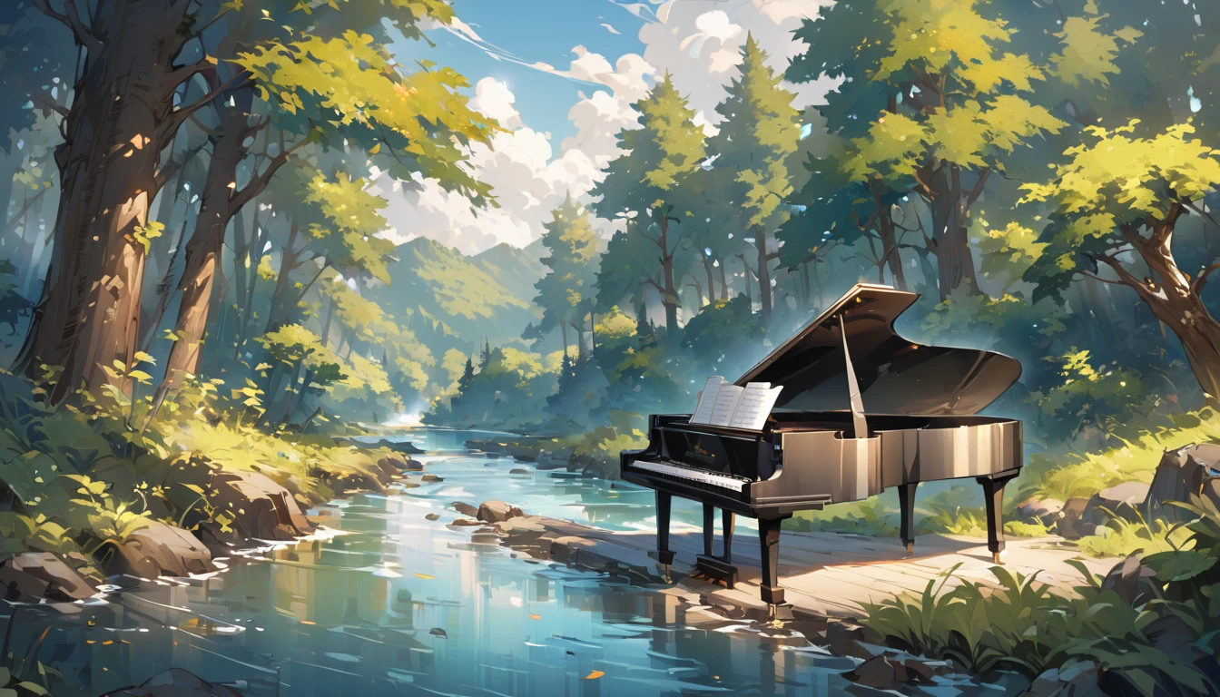 A piano in the middle of the woods near a river、Oil painting style