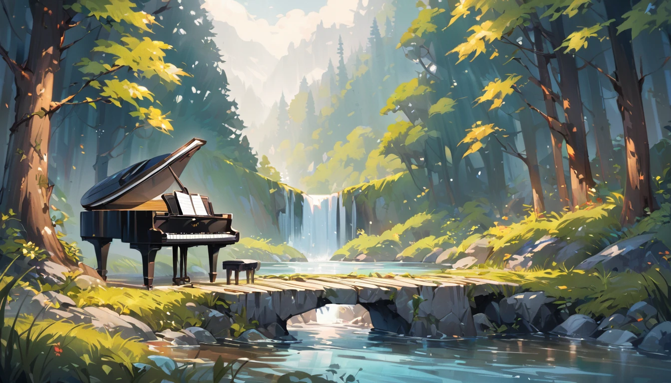 A piano in the middle of the woods near a river、Oil painting style