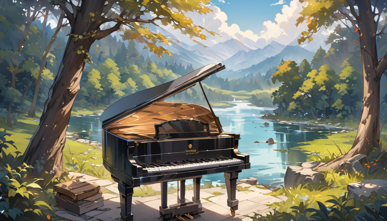 A piano in the middle of the woods near a river、Oil painting style