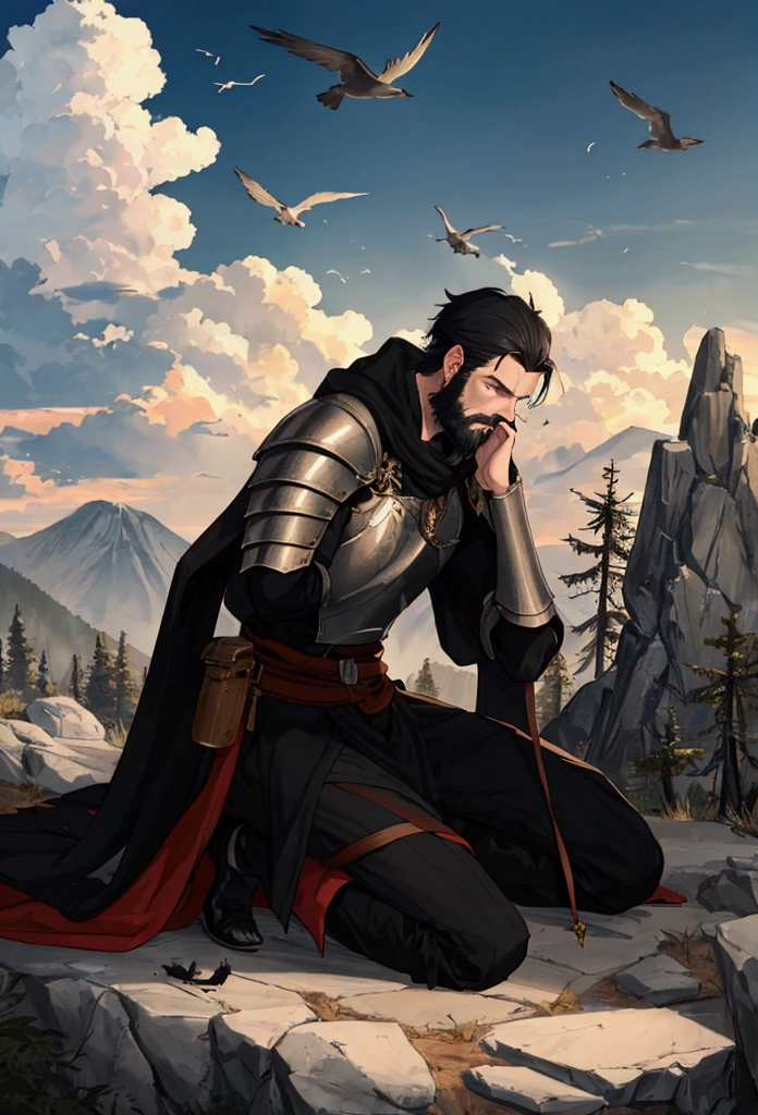 Create a tall, thin man character, with short black hair, a beard and middle age, wearing battle-damaged armor. The man is praying with one knee on the ground, it is twilight and there is a tree next to him, the man is on top of a mountain. In the background create mountains, forests, heavy clouds leaving an opening for sunlight, place some birds to compose the sky.