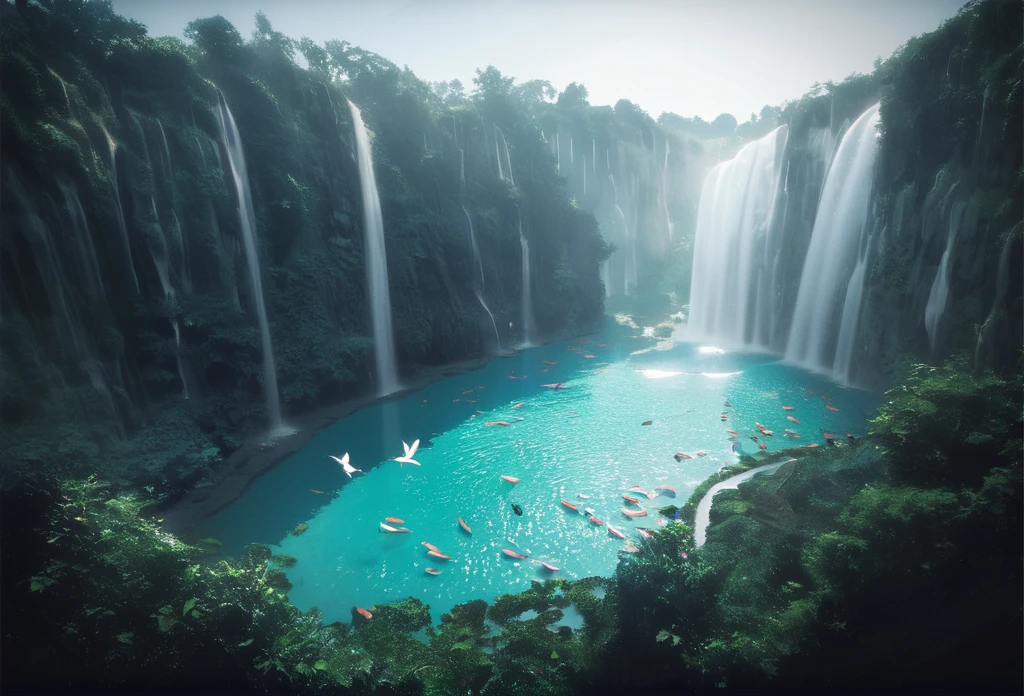 quality\(8k,wallpaper of extremely detailed CG unit, ​masterpiece,hight resolution,top-quality,top-quality real texture skin,hyper realisitic,increase the resolution,RAW photos,best qualtiy,highly detailed,the wallpaper,cinematic lighting,ray trace,golden ratio\), BREAK ,island\((island:1.5),mysterious,beautiful birds , beautiful erflies, beautiful sunlight shines through the trees, ruins\(mysterious, beautiful, cosmic, futuristic\), (surrounded by sea),(surrounded by waterfalls:1.8)\), tremendously clean sea\(crystal clear, fish can be seen, coral reefs are visible\),sky\(hologram\(beautiful goddess\(very huge,upper body, breail smile\)\)\),(aerial view:1.4),(from above:1.5),bird’s-eye view,vast landscape,panorama