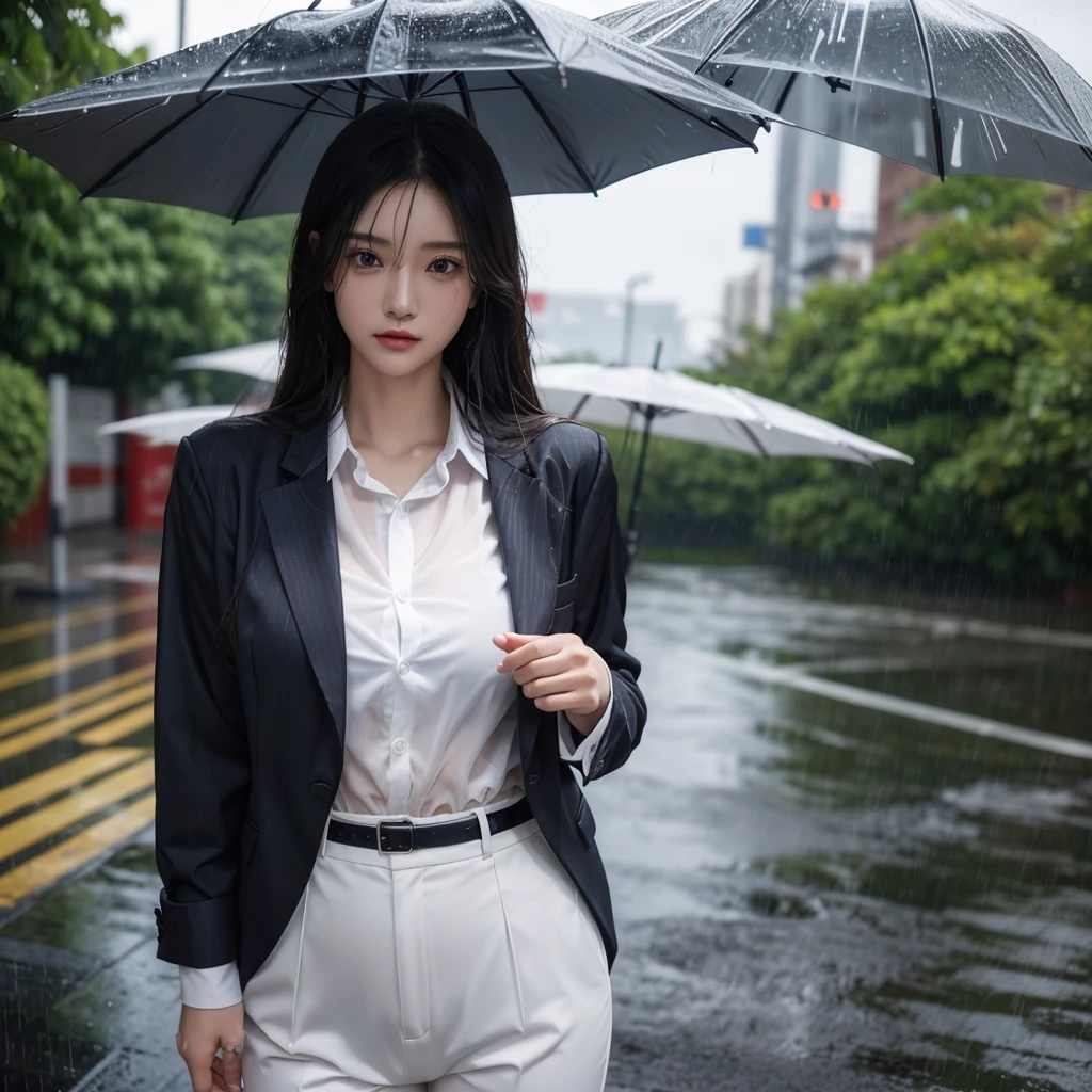 Hair getting wet in the rain、Transparent shirt、Beautiful woman getting wet in the rain、typhoon、Get wet without an umbrella、Beautiful woman in the rain、雨で濡れたBeautyOL、Detailed face、Realistic、beautiful girl、Beauty、Office Lady Uniform、beauty、Beautiful woman、Narrow waist、Handsome woman、Tight pants look、suit、Sexy pose、タイトなsuitパンツ、雨で濡れたsuit、Wet shirt、See-through shirt、Shot in heavy rain、See-through underwear