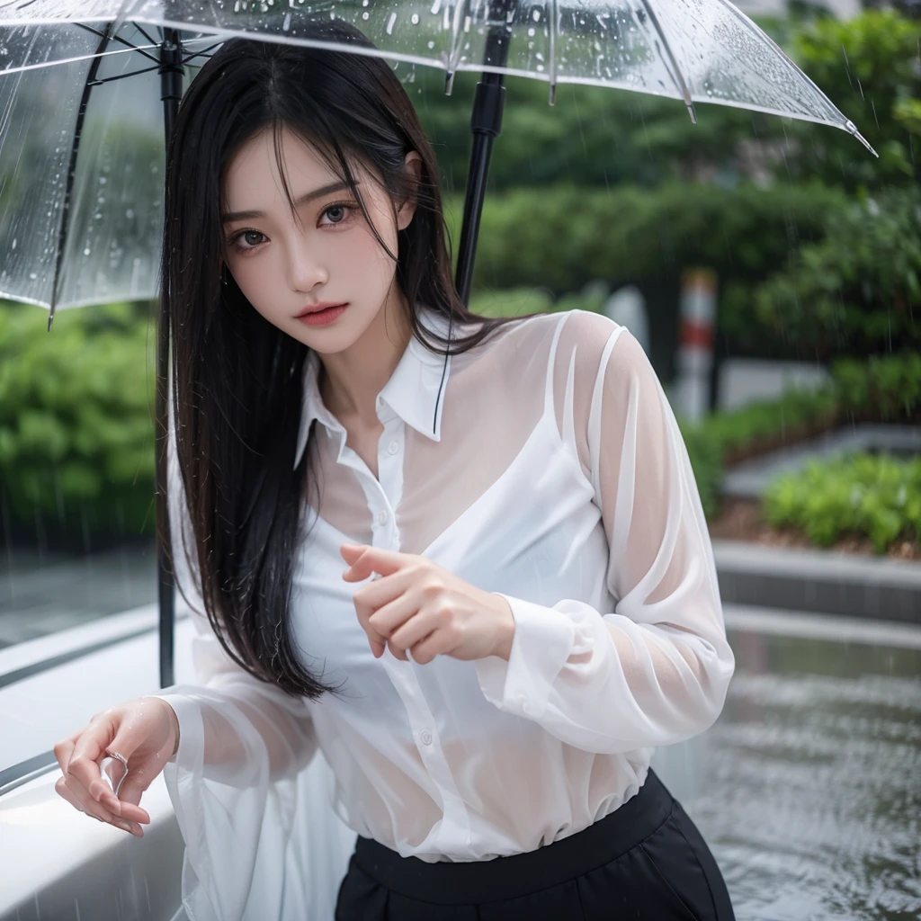 Hair getting wet in the rain、Transparent shirt、Beautiful woman getting wet in the rain、typhoon、Get wet without an umbrella、Beautiful woman in the rain、雨で濡れたBeautyOL、Detailed face、Realistic、beautiful girl、Beauty、Office Lady Uniform、beauty、Beautiful woman、Narrow waist、Handsome woman、Tight pants look、suit、Sexy pose、タイトなsuitパンツ、雨で濡れたsuit、Wet shirt、See-through shirt、Shot in heavy rain、See-through underwear