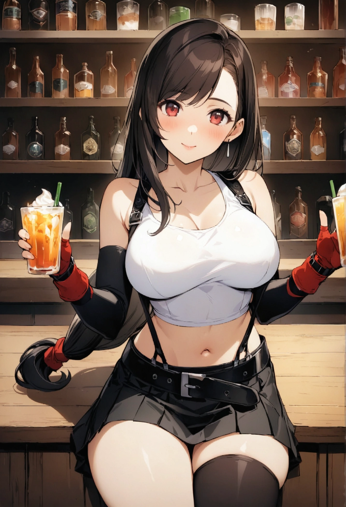 score_9, score_8_up, score_7_up,  (best quality), masterpiece,perfect anatomy,(aesthetic,very aesthetic),(official art,illustration,ultra-high resolution,8k), 1girl, tifa lockhart, final fantasy,(beautiful woman).tareme, black hair, low-tied long hair, red eyes, bangs, white tank top,gap, belt, pleated skirt, thighhighs, elbow fingerless gloves, elbow pads, midriff, navel,suspender skirt.zettai ryouiki ,straight-on,,leg up,(large_breasts),Solo,mediumshot,looking_at_viewer,,,sitting,cafe and bar, ,Framin,(Composition),holding drink,