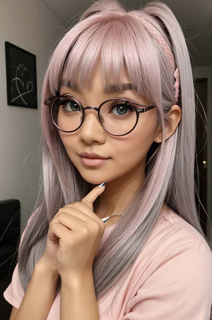a  girl with a slim build and tanned skin. She has large, round, light pink eyes with slit-like irises, giving her a cat-like look to her. Her hair goes down to her mid-back and is a similar light pink color to her eyes. She has several grey strands of hair in her bangs as well as two star hairpins and another heart-shaped one. She wear round round framed silver glasses due to bad vision. She also has quite long decorated nails and is seen wearing Gyaru makeup.