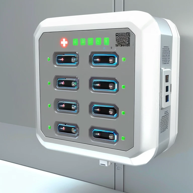There is a white and blue electronic device,There is a QR code on it, Chest charging plug, Incubator medical cabin, Electrical box display, Electronic case display, Digital medical devices, Industrial design concept, depicted as a 3 d render, 3D ios room photos, Capsule Hotels, Future cloning facility, usb ports, Lock, 3D Rendering N-9