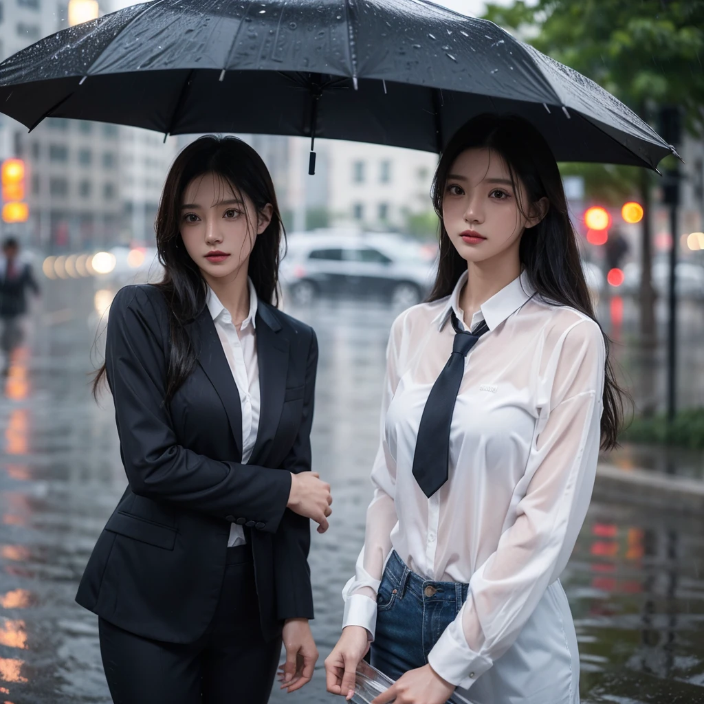 Hair getting wet in the rain、Transparent shirt、Beautiful woman getting wet in the rain、typhoon、Get wet without an umbrella、Beautiful woman in the rain、雨で濡れたBeautyOL、Detailed face、Realistic、beautiful girl、Beauty、Office Lady Uniform、beauty、Beautiful woman、Narrow waist、Handsome woman、Tight pants look、suit、Sexy pose、タイトなsuitパンツ、雨で濡れたsuit、Wet shirt、See-through shirt、Shot in heavy rain、See-through underwear