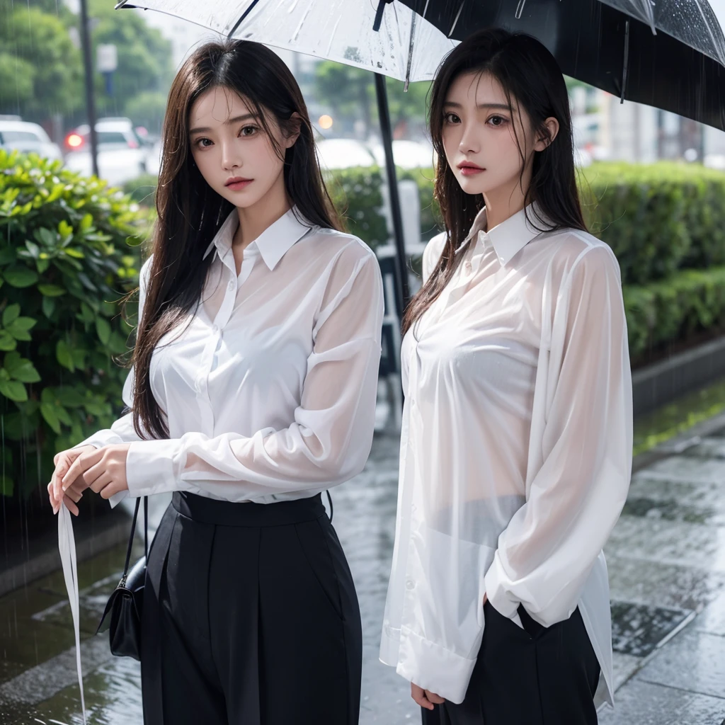 Hair getting wet in the rain、Transparent shirt、Beautiful woman getting wet in the rain、typhoon、Get wet without an umbrella、Beautiful woman in the rain、雨で濡れたBeautyOL、Detailed face、Realistic、beautiful girl、Beauty、Office Lady Uniform、beauty、Beautiful woman、Narrow waist、Handsome woman、Tight pants look、suit、Sexy pose、タイトなsuitパンツ、雨で濡れたsuit、Wet shirt、See-through shirt、Shot in heavy rain、See-through underwear