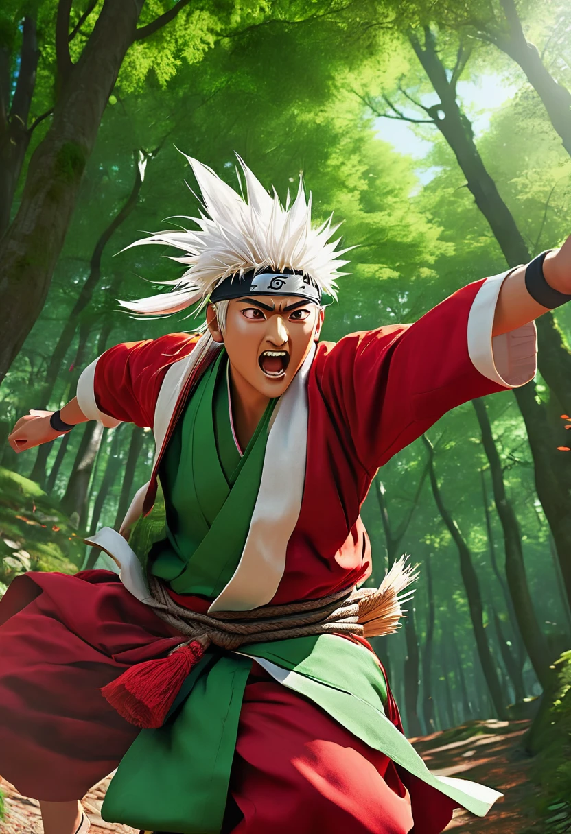 Jiraiya dressed in his traditional outfit, detailed facial features, expressive eyes and lips, strong and confident expression, long white spiky hair, wearing his red robe with green vest, wooden sandals, Konoha headband with horns, dynamic action pose, running in a forest, leaping across tree branches, summoning scroll in hand, energetic atmosphere, comic book style, cell shading effect, vibrant colors, contrasting red and green tones, dramatic lighting (best quality, highres), emphasis on shadows and highlights, crisp details and textures, HD rendering, perfectly rendered muscles and clothing, meticulously drawn facial expressions.