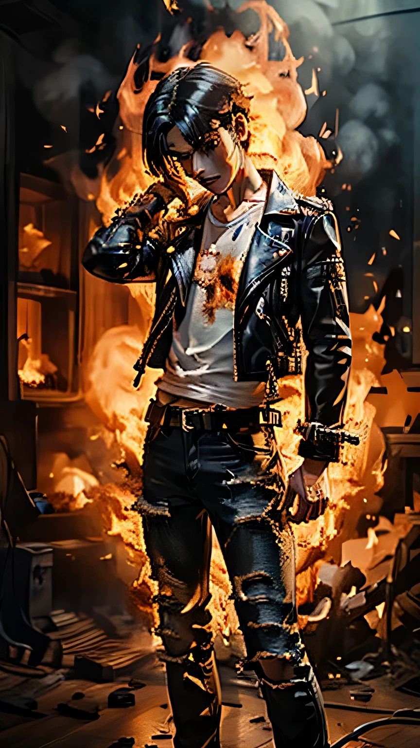 Boy with black hair, black leather jacket, blue jeans, white shirt. Fire comes out of his body, engulfed in flames, he screams in pain clutching his head. Emphasis on his gaze, in an old room.